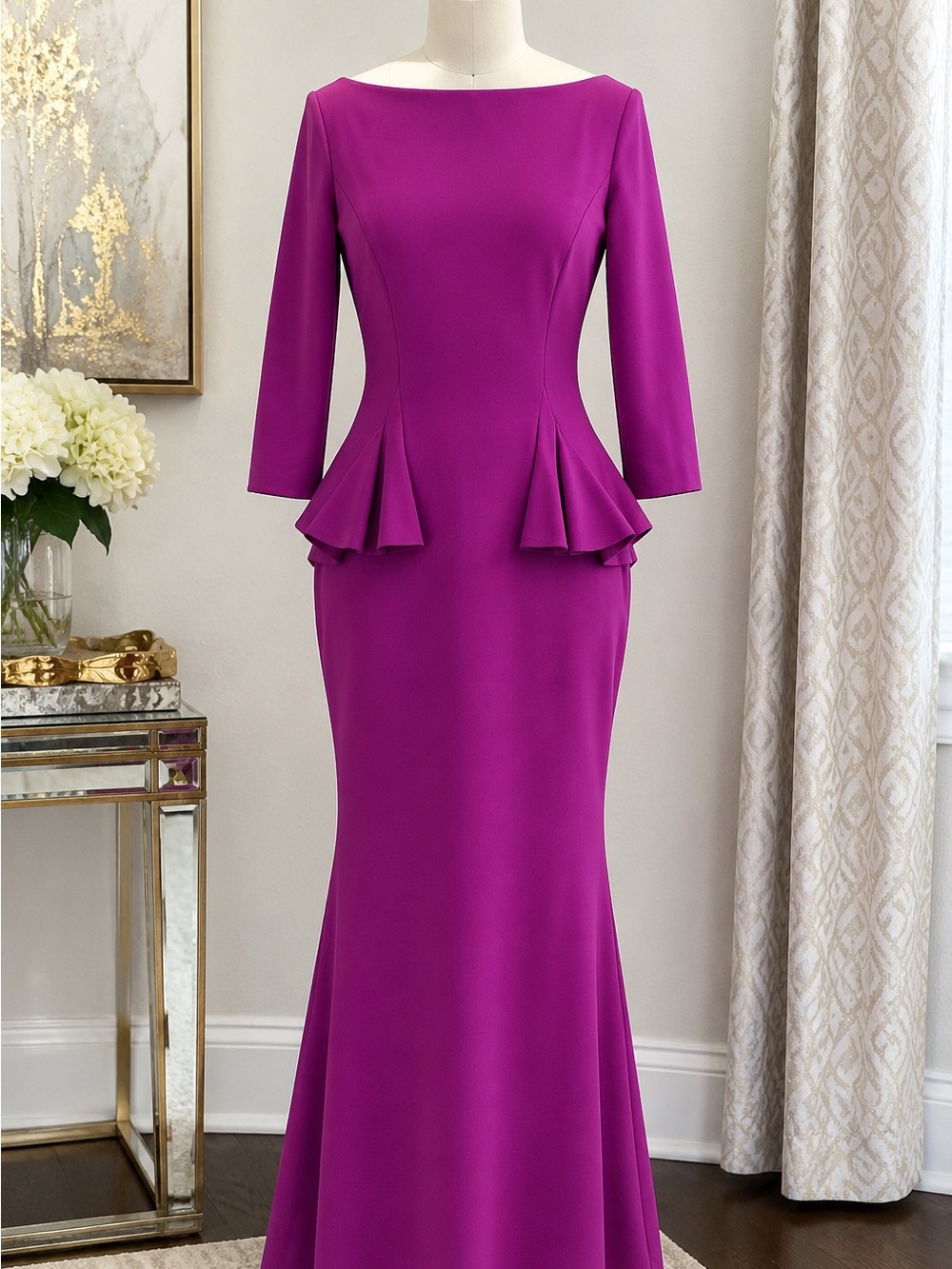 Chiara Boni Fuchsia Boatneck Peplum Mermaid Maxi Dress